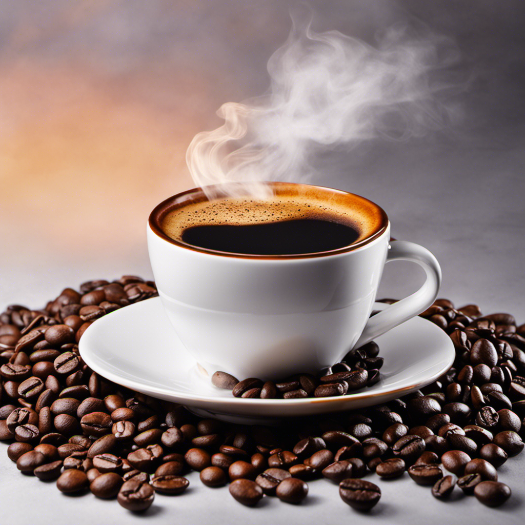 An image showcasing a tranquil coffee cup, surrounded by aromatic steam, atop a freshly roasted coffee bean