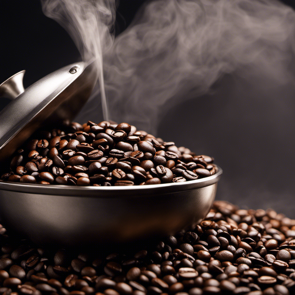 An image capturing the essence of patience in coffee roasting: a serene coffee bean, freshly roasted, resting on a cooling tray, surrounded by wisps of steam, emanating an irresistible aroma, all against a backdrop of a timer ticking slowly