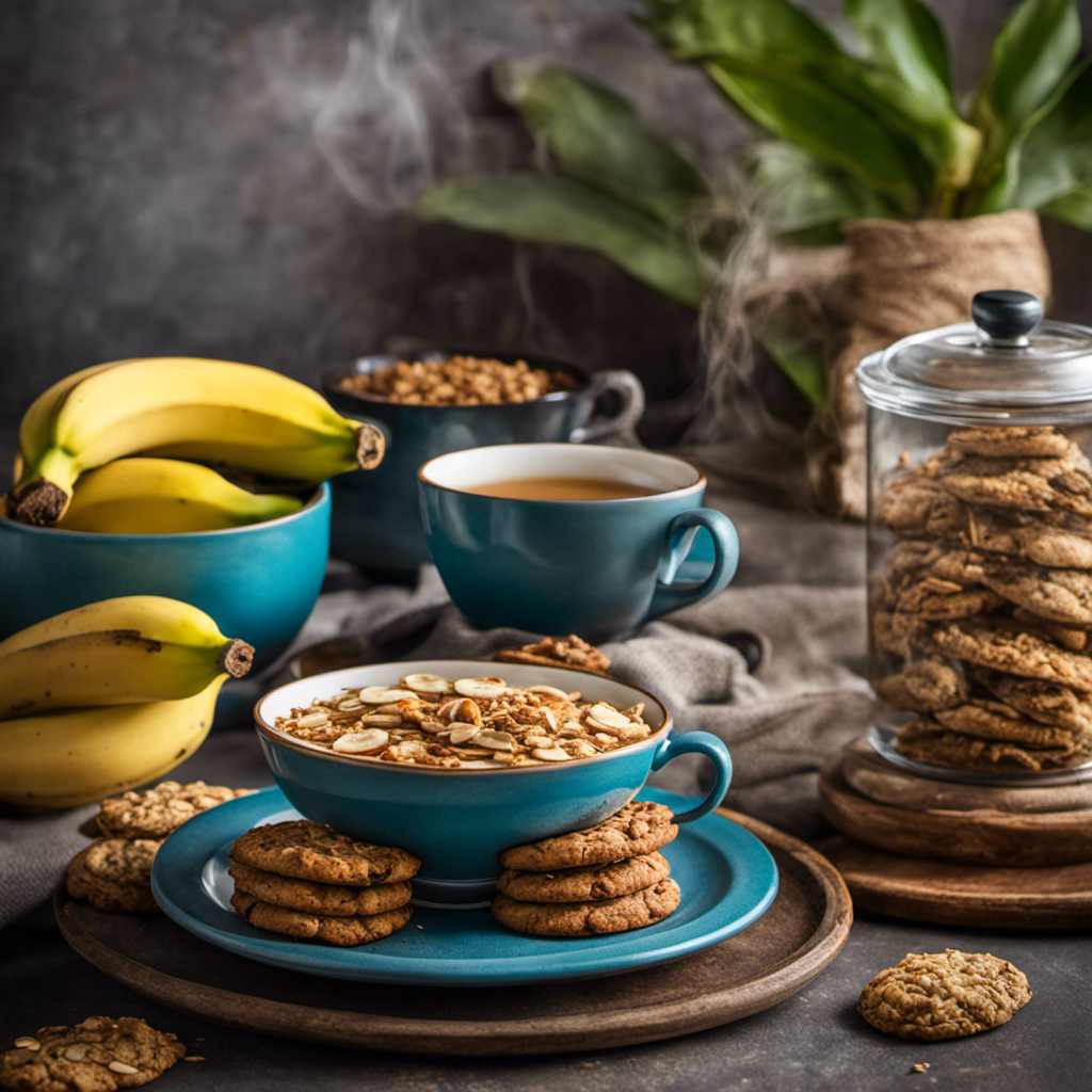 An image of a cozy morning scene with a steaming cup of herbal tea in a vibrant mug, surrounded by freshly baked oatmeal cookies and a plate of sliced bananas, offering comforting alternatives to coffee for those with acid reflux