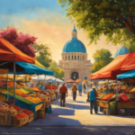 An image that showcases the vibrant streets of Fresno, with a bustling farmer's market filled with colorful stalls