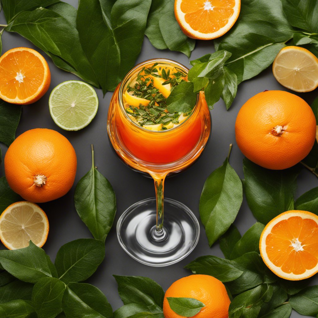 An image showcasing a vibrant orange-hued Yerba Mate drink being poured into a stylish glass, surrounded by lush green leaves