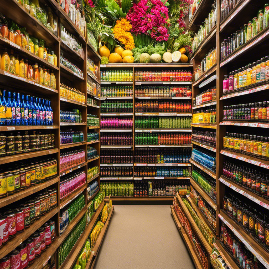An image showcasing the vibrant shelves of a local grocery store, adorned with rows of colorful, meticulously arranged Yerba Mate energy drinks