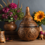 An image showcasing a Yerba Mate gourd, adorned with intricate carvings, nestled among vibrant offerings of flowers and burning incense, representing the sacred rituals and spiritual significance it holds within a religious tradition