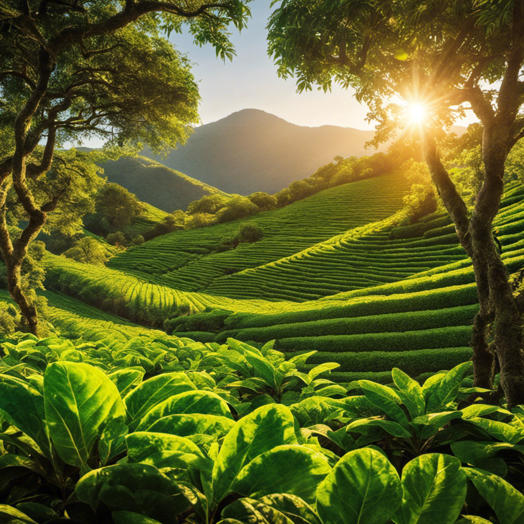 An image showcasing a vibrant, lush yerba mate plantation at sunrise, with sunlight filtering through the leaves, illuminating the caffeine molecules within the leaves, highlighting their stimulating effects