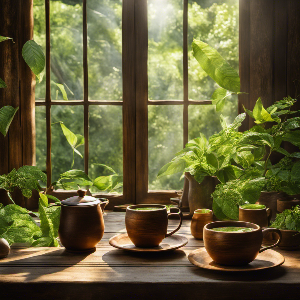 An image showcasing a serene morning scene with a rustic wooden table adorned with steaming cups of Yerba Mate, surrounded by lush green leaves and delicate sunlight filtering through a window