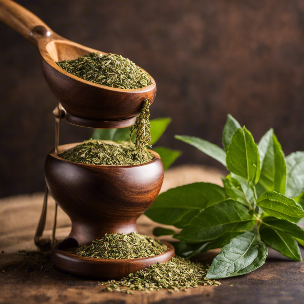 An image showcasing a rustic wooden spoon filled with vibrant, finely-ground yerba mate leaves, gently cascading onto an antique scale