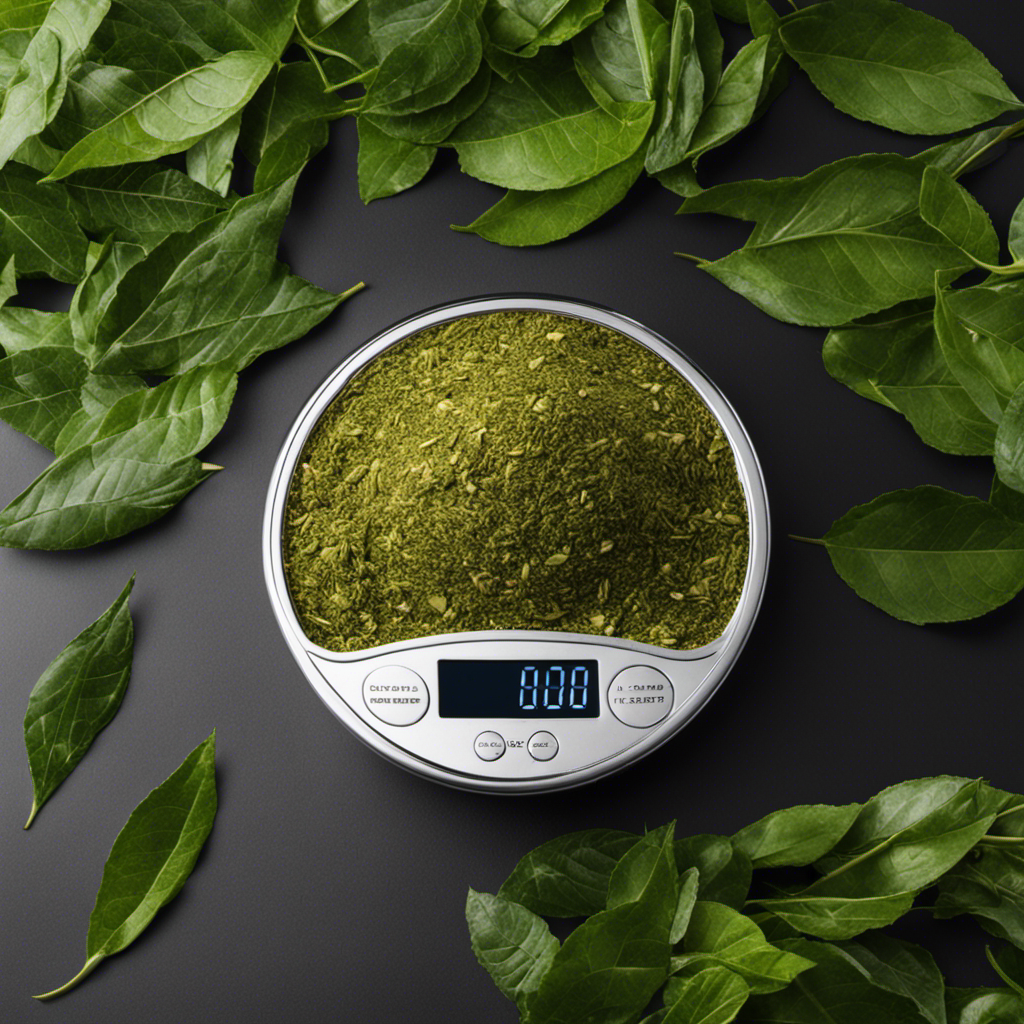 An image showcasing a precise digital scale with a bowl filled with vibrant green yerba mate leaves