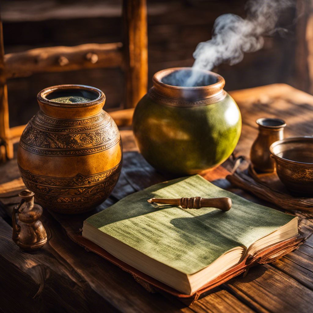 An image showcasing a cozy, sunlit room with a wooden table adorned with a traditional yerba mate gourd, a steaming thermos, and a rustic notebook filled with calculations, representing the daily ritual of measuring yerba mate consumption