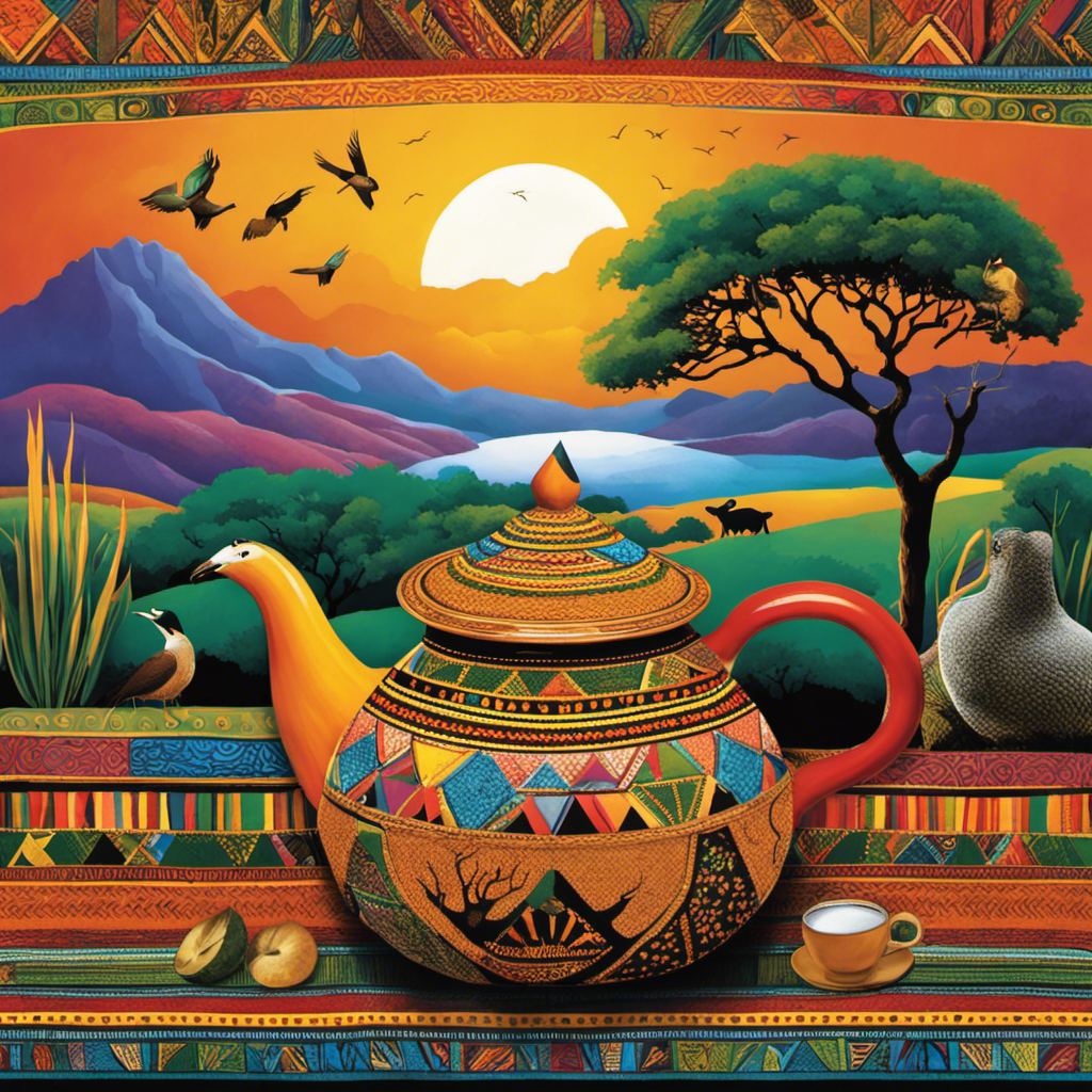 An image showcasing the vibrant culture of South Africa, featuring a traditional gourd filled with rich Yerba Mate tea, surrounded by colorful African patterns, wildlife, and stunning landscapes