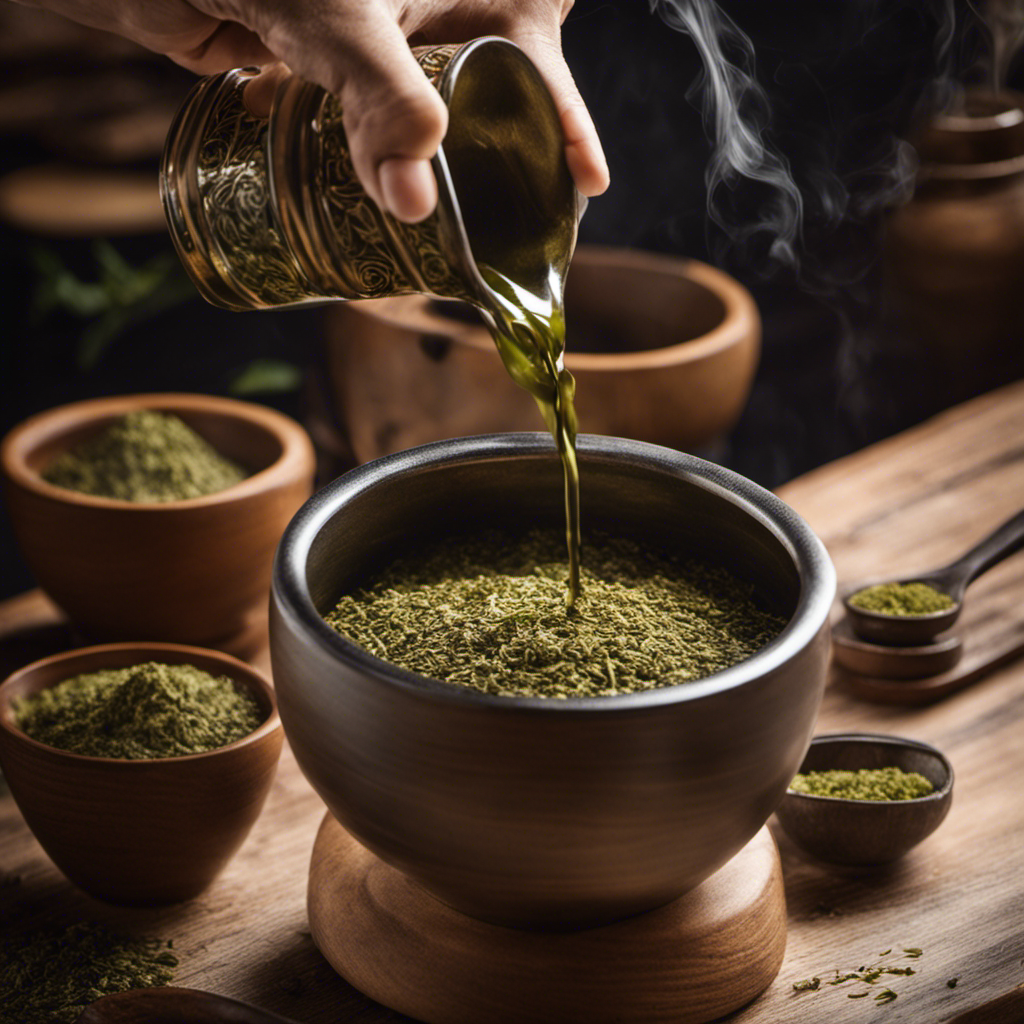 An image showcasing the process of using Yerba Mate on hair: a person pouring freshly brewed Yerba Mate into a bowl, dipping their fingers into the liquid, and gently massaging it into their hair, with steam rising from their locks