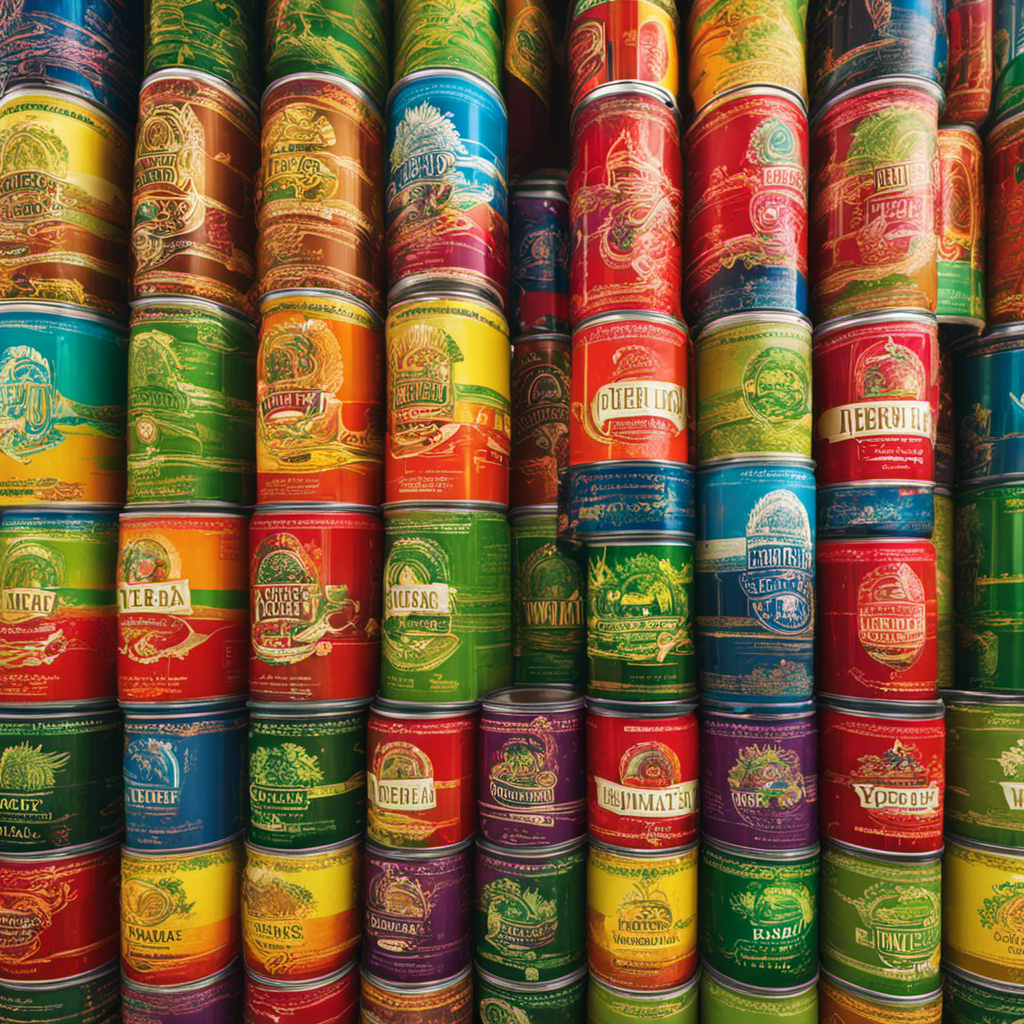 An image showcasing a variety of colorful, neatly stacked cans of refreshing Yerba Mate