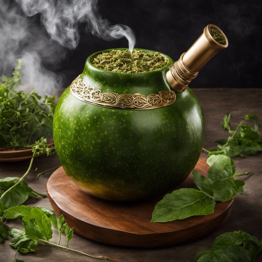 An image capturing the essence of Yerba Mate: a vibrant green gourd filled with the earthy, aromatic leaves of the South American herb, gently infused in steaming water, while wisps of steam rise gracefully into the air