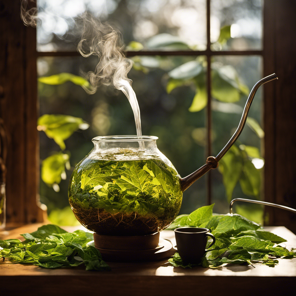 An image showcasing the art of brewing yerba mate loose leaf: a gourd filled with vibrant green leaves, hot water being poured gently, wisps of steam rising, a metal straw resting nearby, and sunlight filtering through a window, highlighting the process