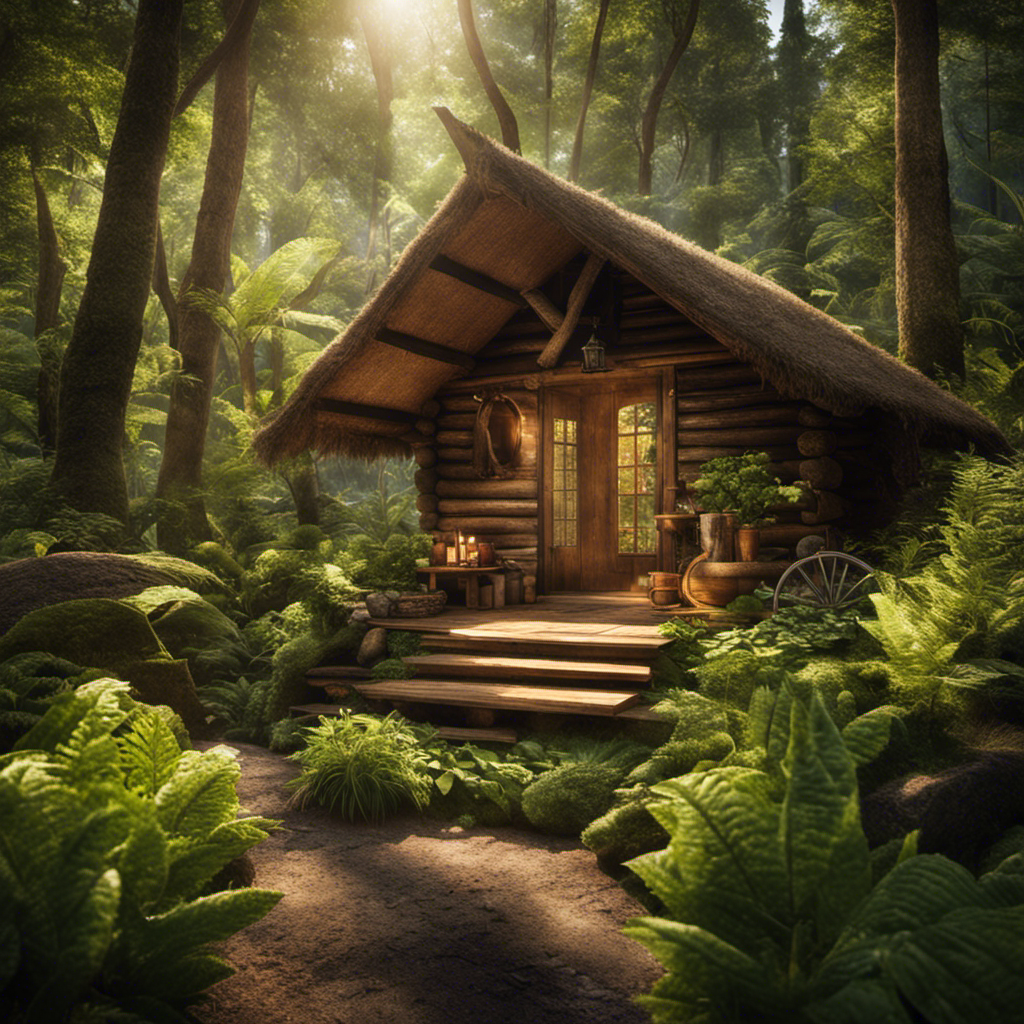 An image showcasing a serene, sunlit forest with a small rustic wooden cabin tucked amidst lush greenery