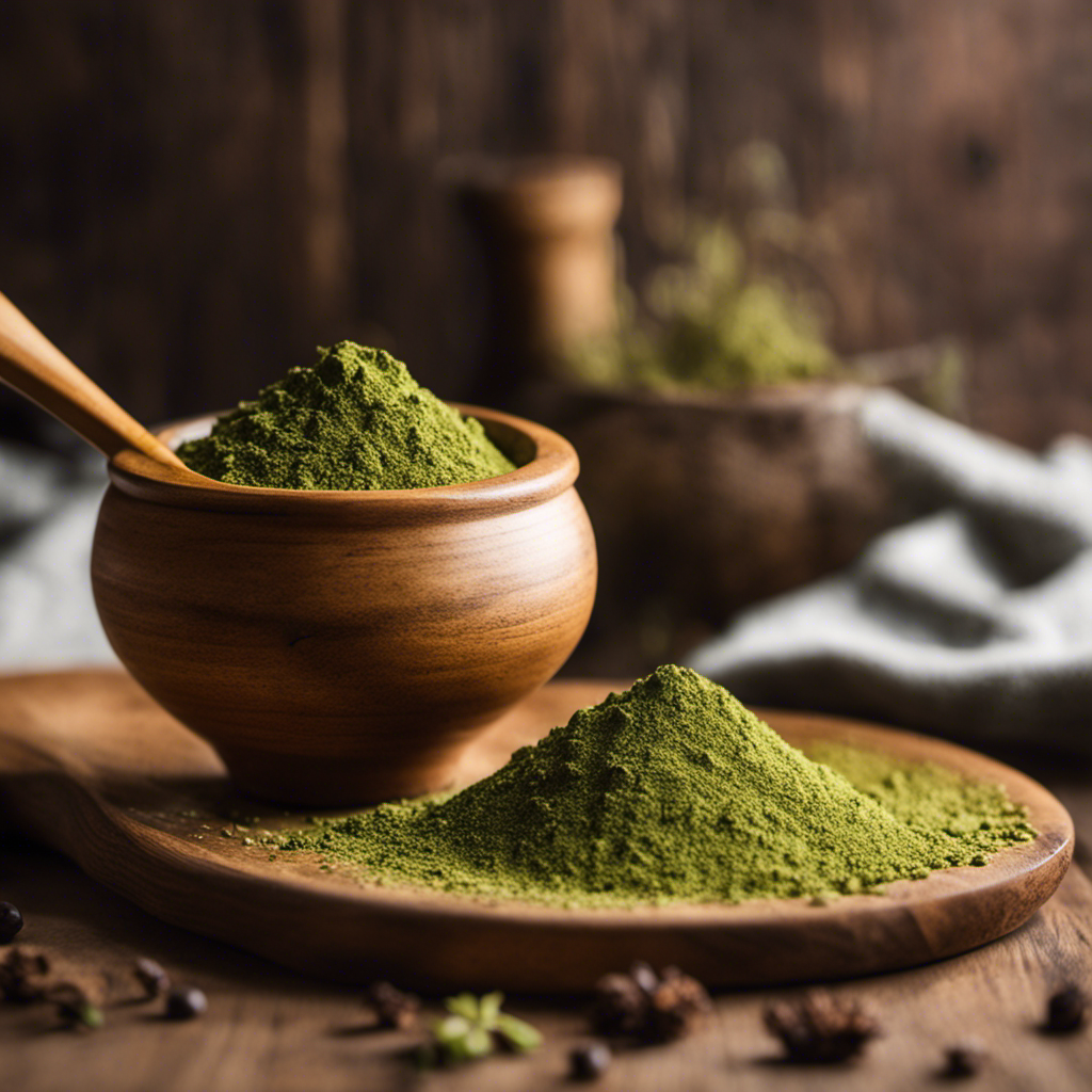 An image showcasing a wooden spoon delicately scooping vibrant green Yerba Mate powder into a rustic ceramic cup, capturing the precise measurement