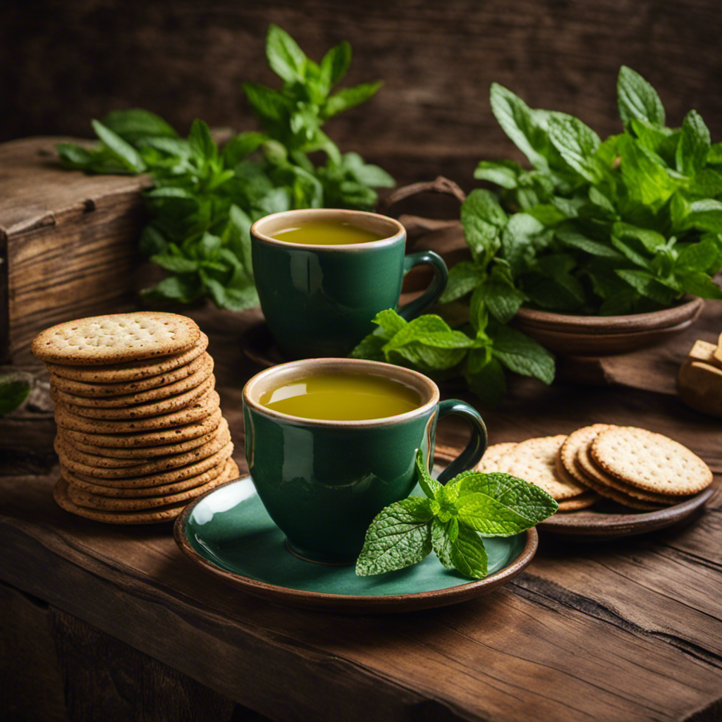 An image showcasing a rustic wooden table adorned with an artisanal ceramic mug filled with rich, vibrant green yerba mate tea, accompanied by a plate of gluten-free crackers and a delicate sprig of fresh mint
