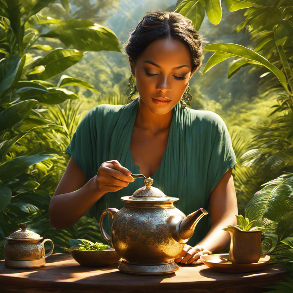 An image showcasing a person peacefully sipping Yerba Mate tea, surrounded by lush greenery and bathed in warm sunlight, radiating a serene sense of calmness and rejuvenation