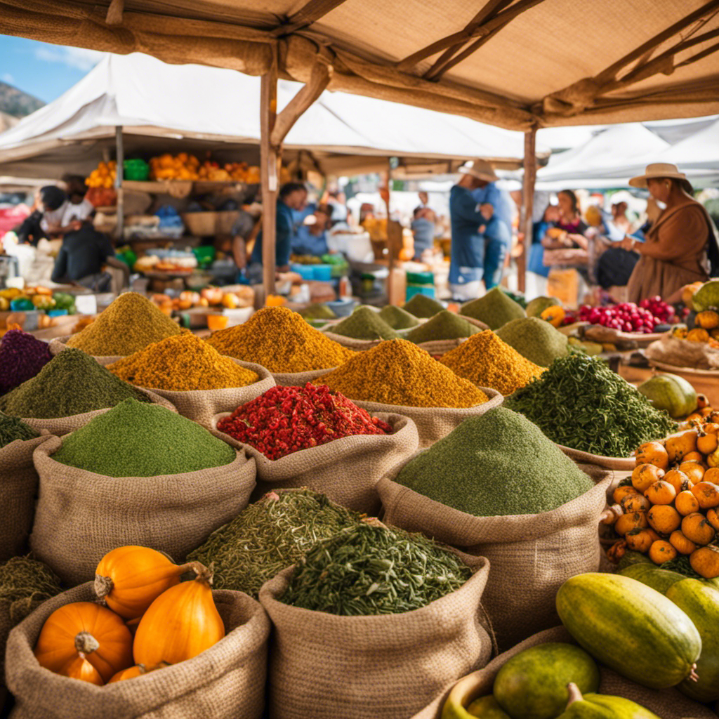 An image showcasing a vibrant farmers market stall filled with freshly harvested Yerba Mate leaves, neatly arranged in burlap sacks, surrounded by colorful ceramic gourds and traditional bombillas, inviting readers to explore where to buy this energizing tea