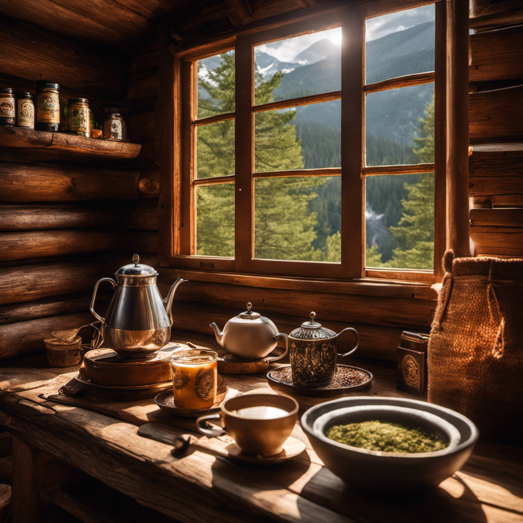 An image showcasing a cozy corner in a rustic wooden cabin, with a sunlit window revealing a serene forest view