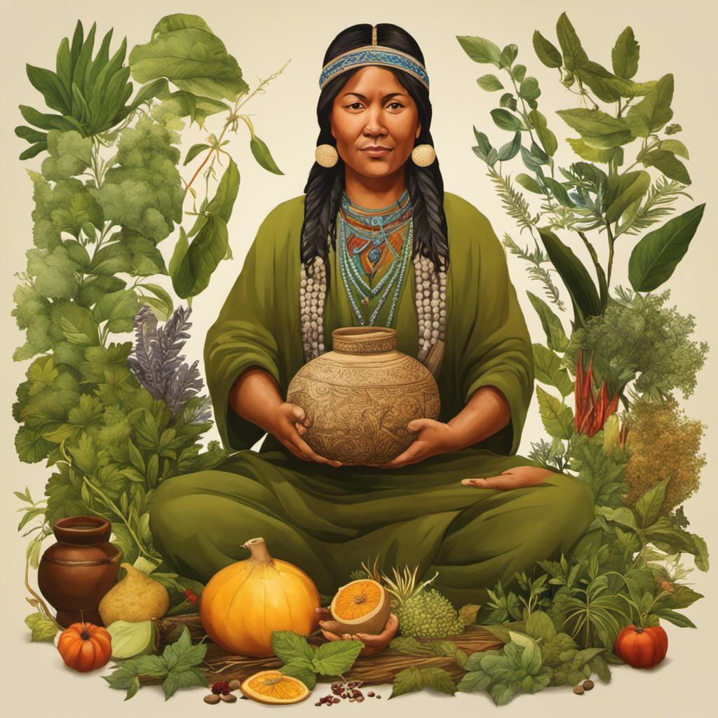 An image depicting a traditional indigenous healer holding a gourd filled with yerba mate leaves, surrounded by various medicinal herbs and plants, showcasing the diverse applications of yerba mate in traditional medicine