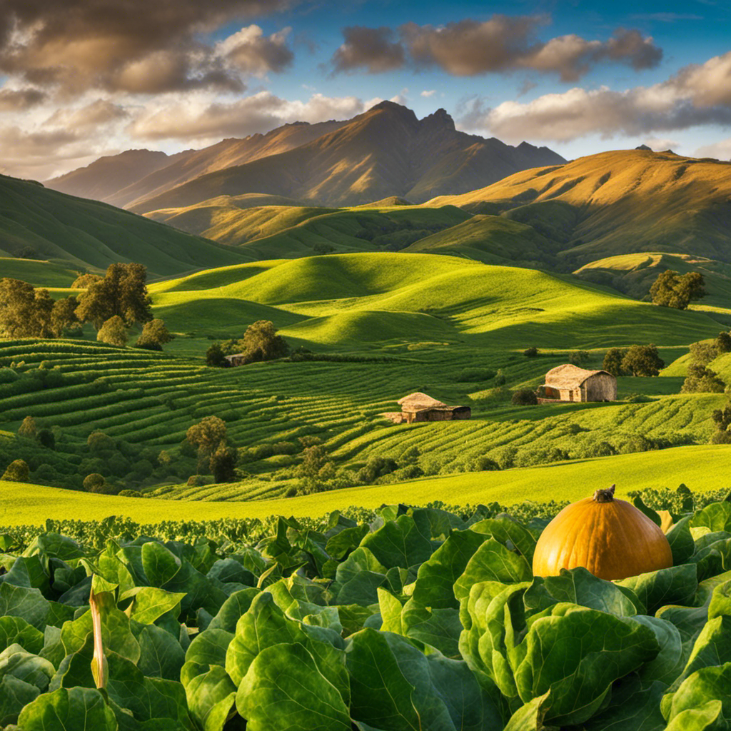 An image that showcases the vibrant green fields of Argentina, with rolling hills stretching as far as the eye can see