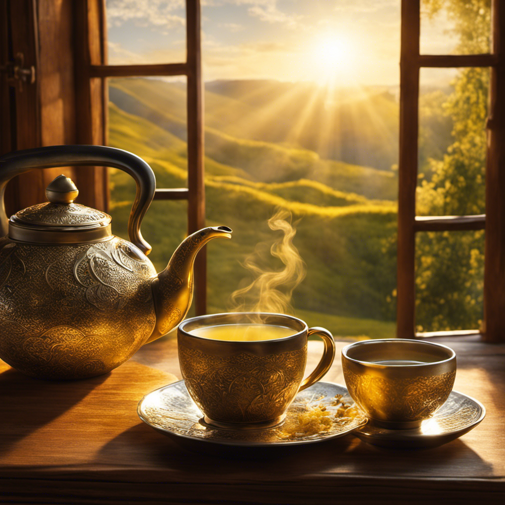An image depicting a serene morning scene with rays of golden sunlight streaming through a window, casting a gentle glow on a steaming cup of Yerba Mate, evoking a sense of calm and invigoration