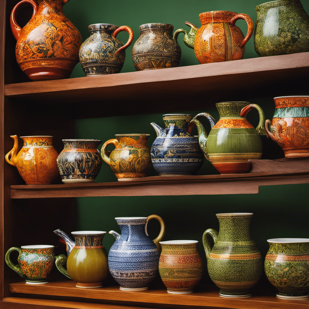 An image showcasing a cozy wooden shelf adorned with an assortment of vibrant Yerba-Mate gourds, bags of loose leaf tea, and invitingly patterned ceramic cups, enticing readers to explore the best places to purchase this energizing beverage