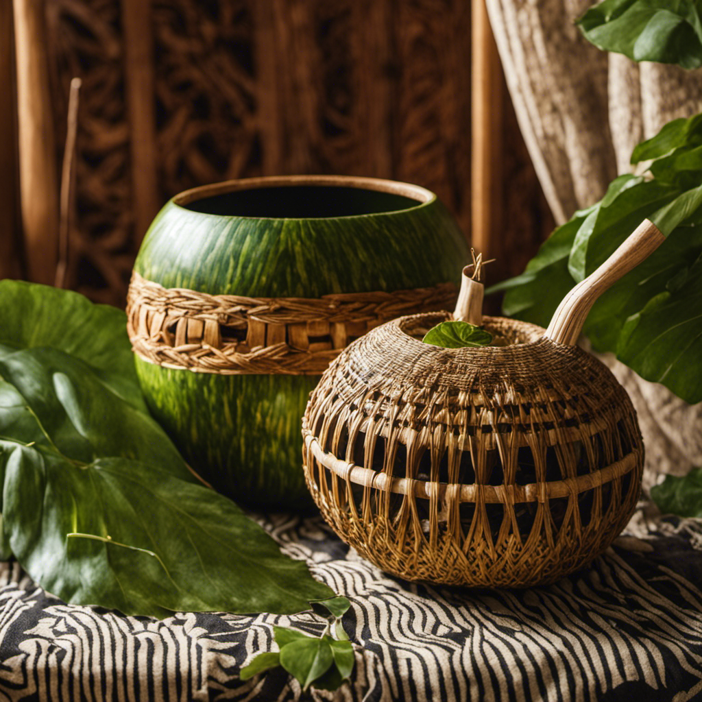 An image showcasing a wooden gourd filled with vibrant green yerba mate leaves, surrounded by a rustic, hand-carved bombilla straw, resting on a patterned South American textile, with sunlight streaming through a nearby window