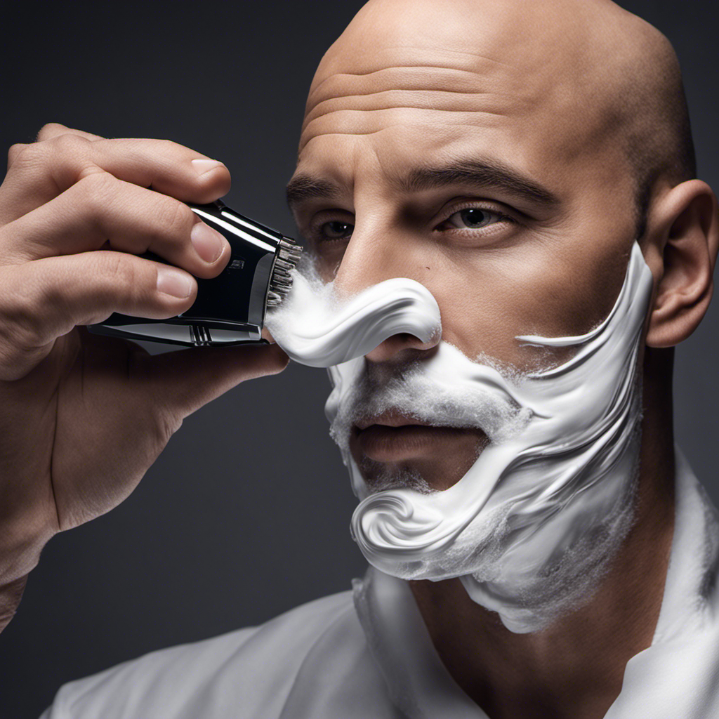 An image featuring a close-up shot of a hand holding an electric razor, gliding smoothly across a bald head