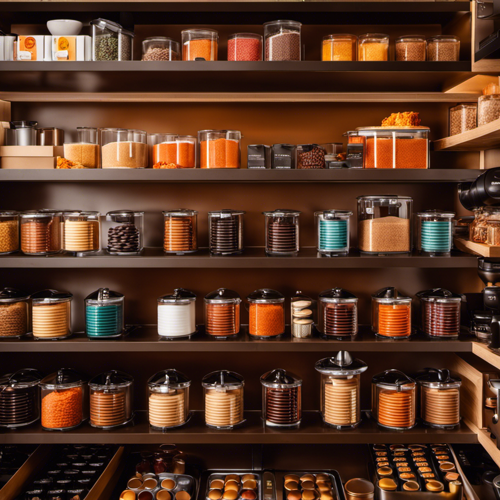 An image showcasing a perfectly organized pantry with shelves filled with neatly stacked Nespresso Pumpkin Spice capsules, labeled with color-coded tags, and a sleek coffee machine in the center