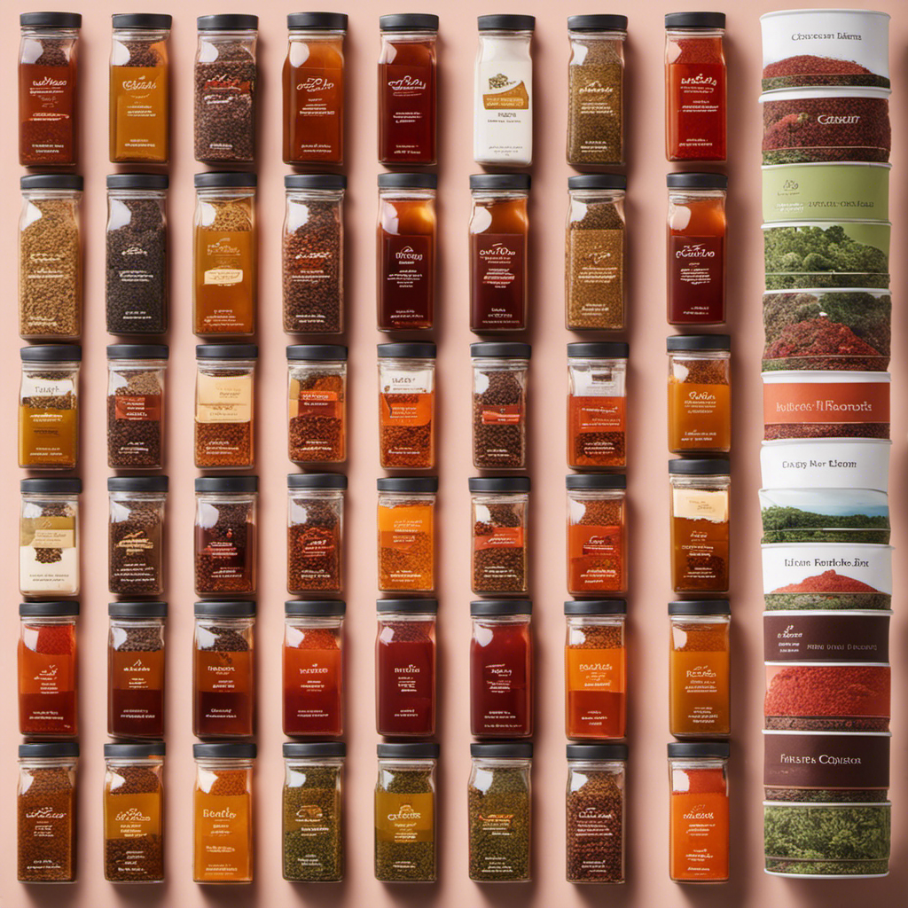 An image showcasing a variety of vibrant, hand-picked rooibos tea leaves in different hues, neatly arranged in ten separate containers, each labeled with a distinct factor to consider when selecting the finest rooibos tea brand
