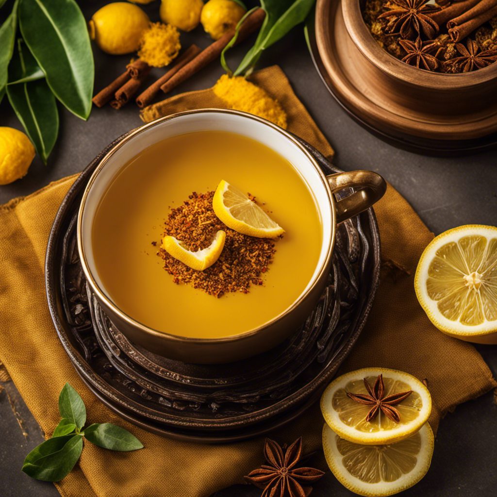 An image showcasing a vibrant cup of 10 in 1 Turmeric Tea, brimming with golden hues, adorned with a sprinkle of cinnamon and a slice of lemon