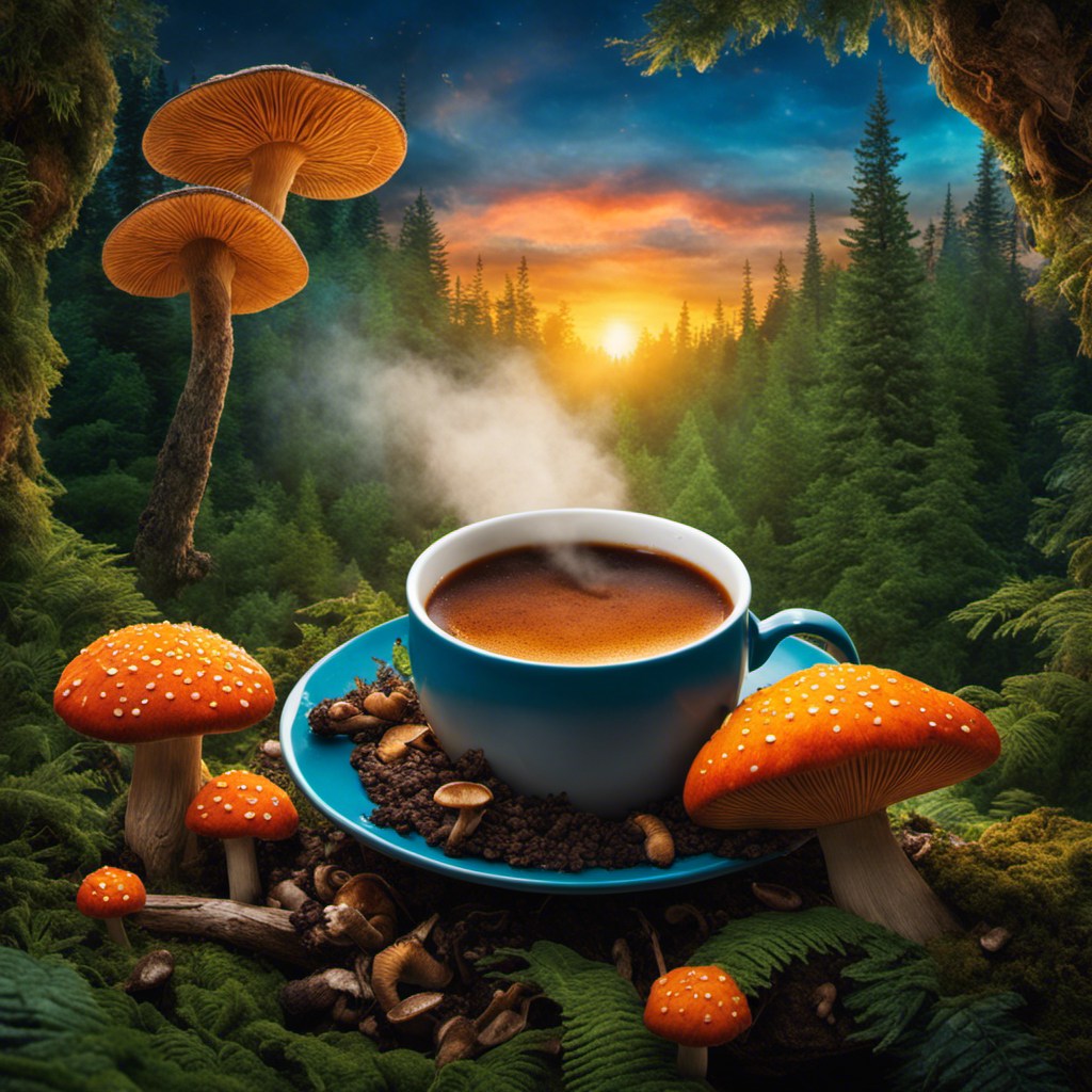 A vibrant, nature-inspired image showcasing a steaming cup of Ryze Mushroom Coffee surrounded by a lush forest backdrop