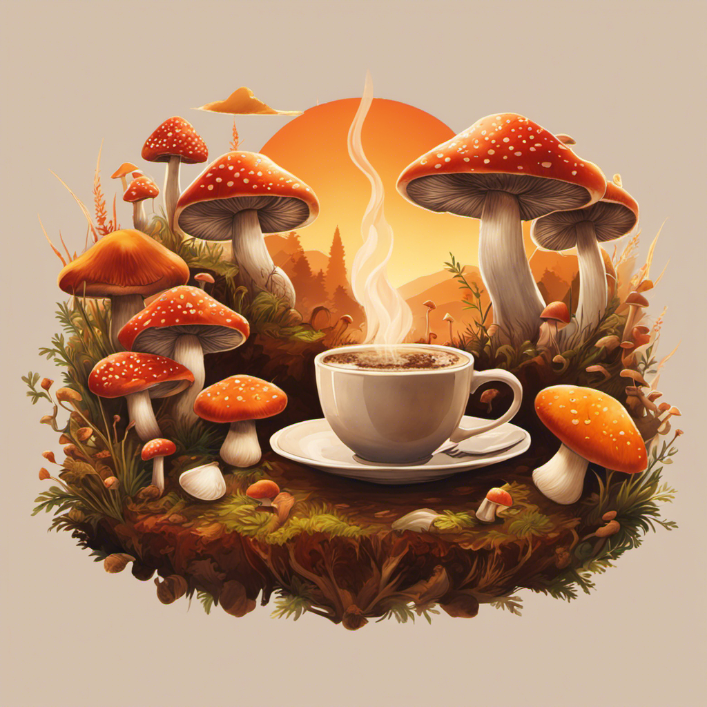 An image showcasing a cozy morning scene with a steaming cup of mushroom coffee, surrounded by vibrant mushrooms of various types and sizes