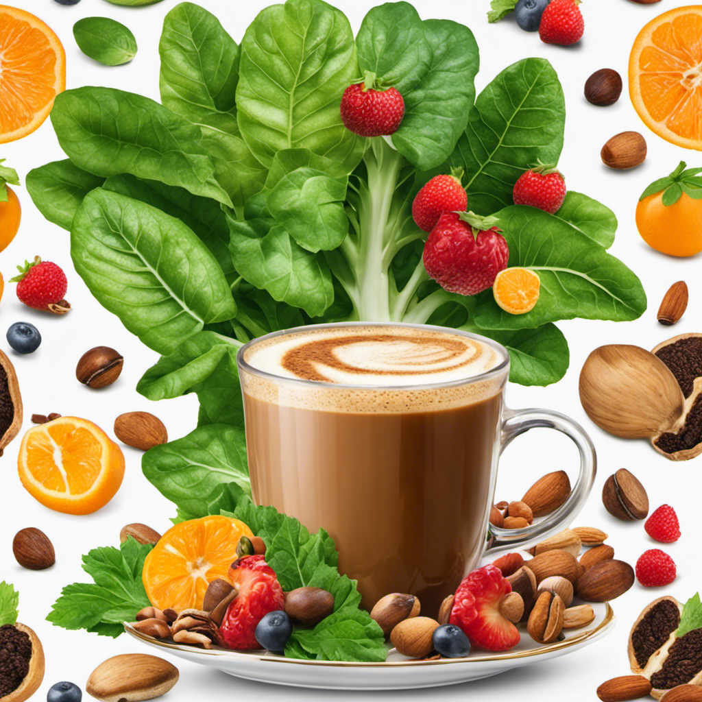 An image featuring a vibrant cup of Ryze Mushroom Coffee surrounded by assorted fruits, nuts, and leafy greens, showcasing its potential health benefits