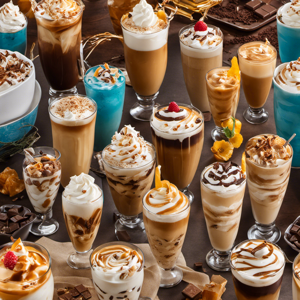 An image showcasing a vibrant collage of 15 refreshing iced lattes, each elegantly garnished with unique additions like velvety whipped cream, crunchy caramel drizzle, and delicate chocolate shavings