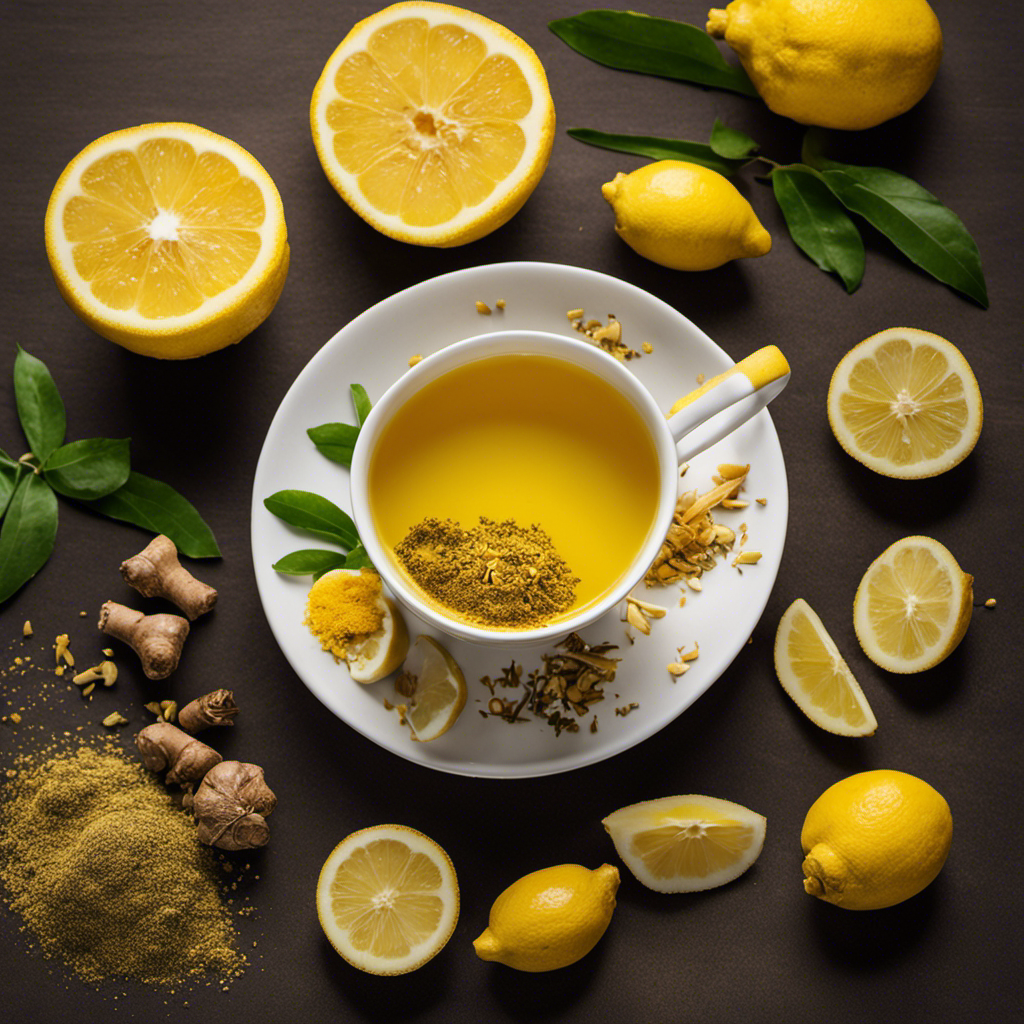 An image that showcases a vibrant yellow tea cup filled with steaming 360 Immunity Turmeric Ginger Tea Powder