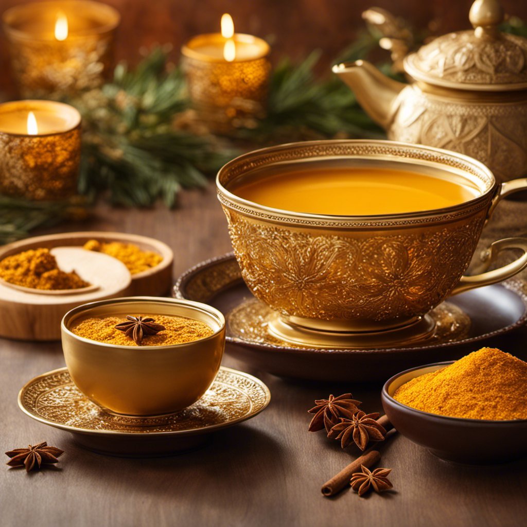 An enticing image of a golden-hued, steaming cup of turmeric tea adorned with a sprinkle of cinnamon, surrounded by a cozy, warm ambiance that invites relaxation and indulgence