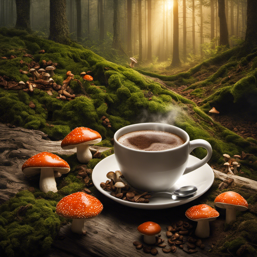 An image showcasing a serene forest scene with a steaming cup of mushroom coffee in the foreground