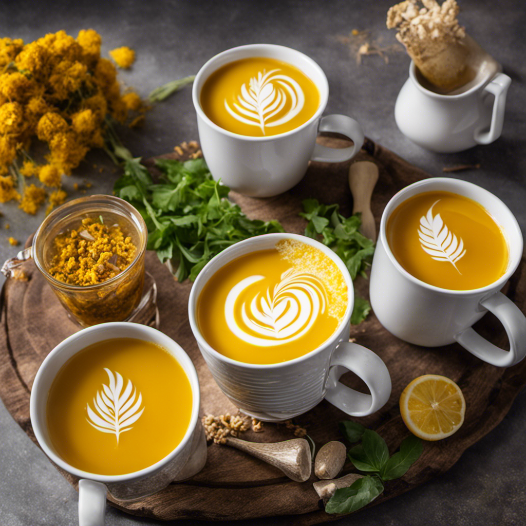 An image showcasing five vibrant mugs filled with various turmeric tea recipes: a golden turmeric latte adorned with frothy milk, a zesty lemon and ginger blend, a soothing chamomile infusion, a spicy chai, and a refreshing iced turmeric tea