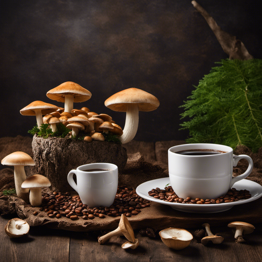 An image showcasing a cup of mushroom coffee standing tall next to a cup of traditional coffee, surrounded by vibrant mushrooms, emphasizing its unique health benefits, rich earthy flavor, and a smooth, energy-boosting experience
