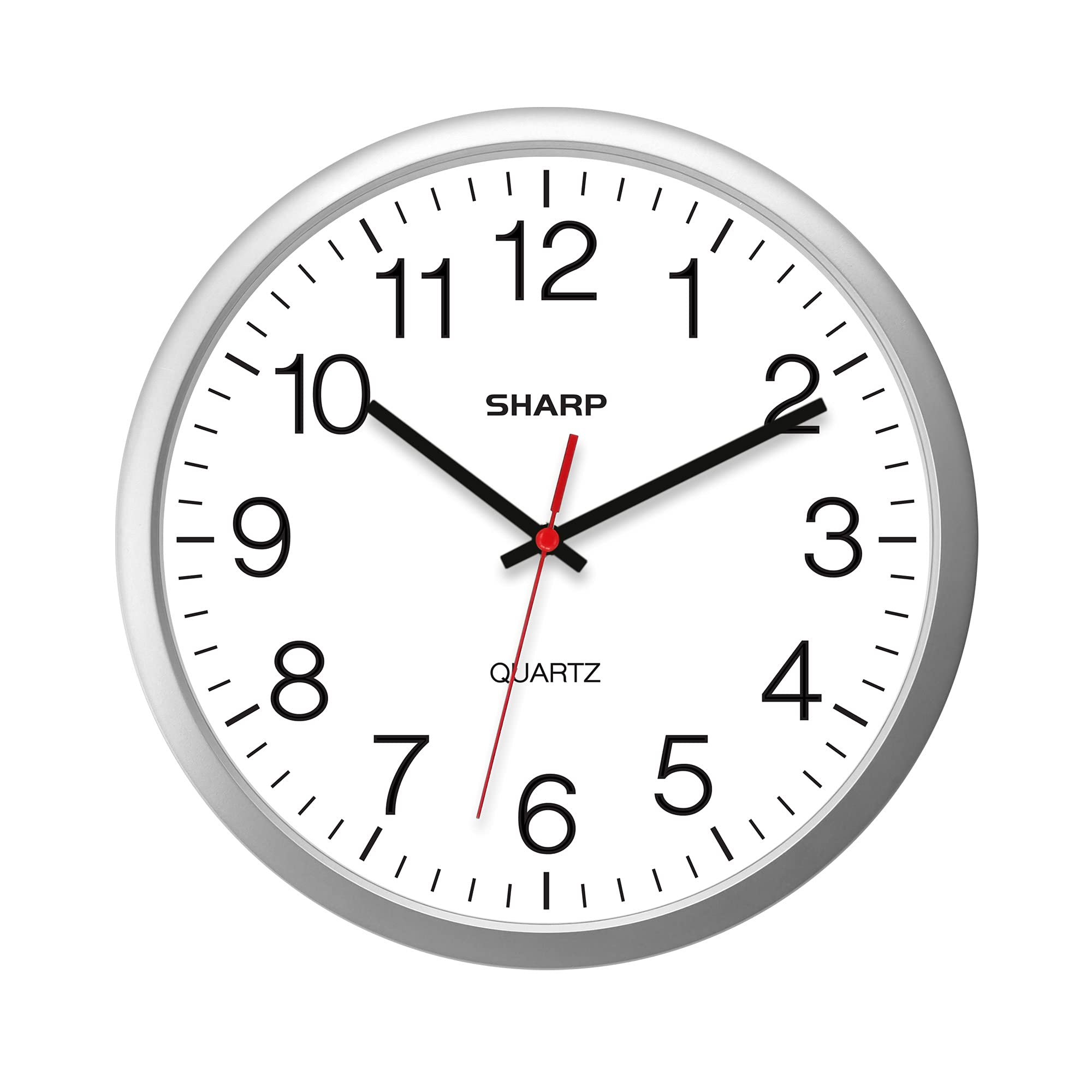 SHARP Wall Clock – Silver, Silent Non Ticking 14 Inch Quality Quartz Battery Operated Round Easy to Read Home/Kitchen/Office/Classroom/School Clocks, Sweep Movement Silver 14"