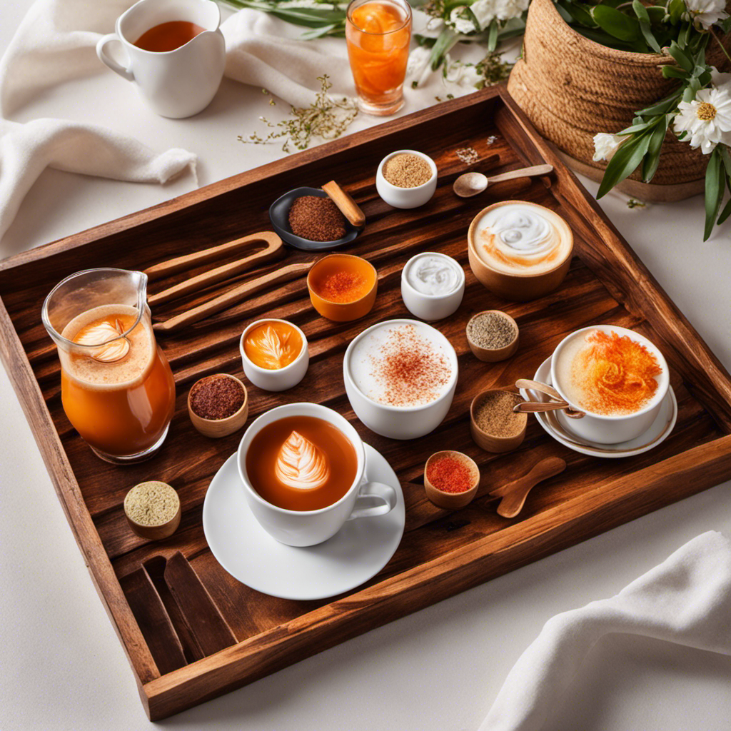An image showcasing a rustic wooden tray with seven enticing Rooibos tea variations