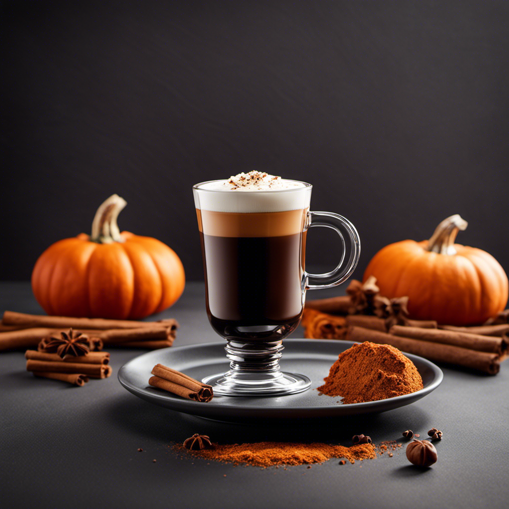 A captivating image showcasing a vibrant orange Nespresso Pumpkin Spice capsule, surrounded by aromatic cinnamon sticks, freshly ground nutmeg, a steaming cup of espresso, and a pumpkin pie slice with a dollop of whipped cream