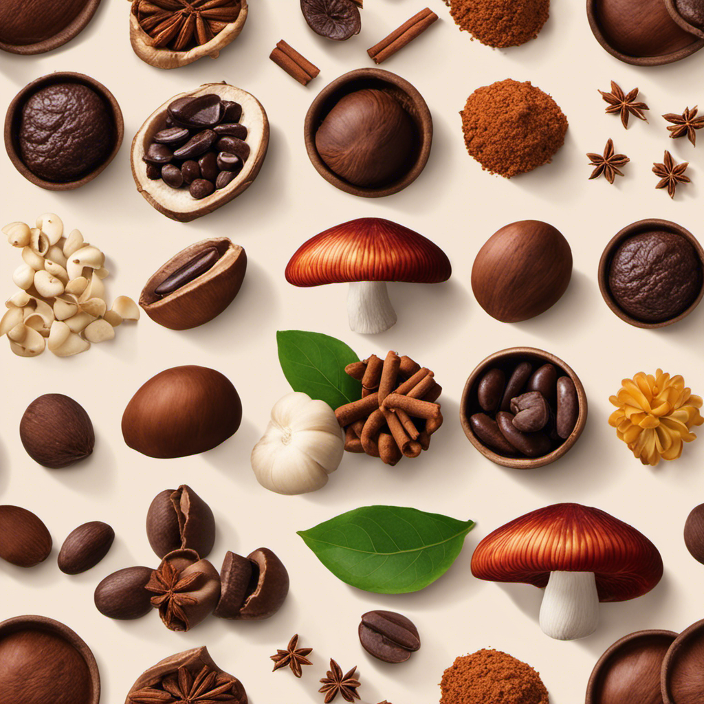 An image showcasing a vibrant mix of mushroom varieties, aromatic coffee beans, rich cacao pods, fragrant cinnamon sticks, sweet date powder, and a comprehensive nutritional profile