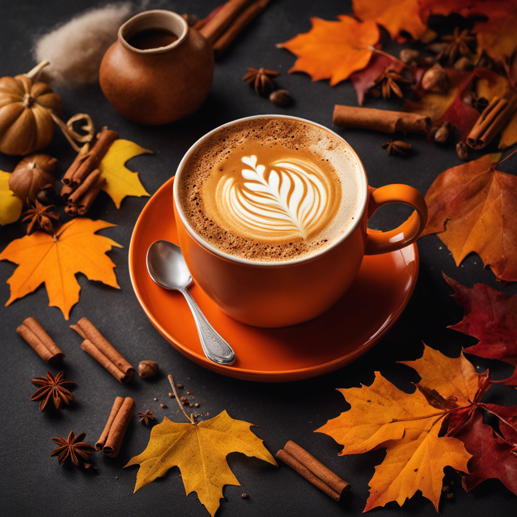 An image showcasing a cozy autumn scene: a steaming Nespresso Pumpkin Spice latte in a vibrant orange mug, surrounded by cinnamon sticks, nutmeg, cloves, and a sprinkle of frothy milk, all set against a backdrop of falling colorful leaves