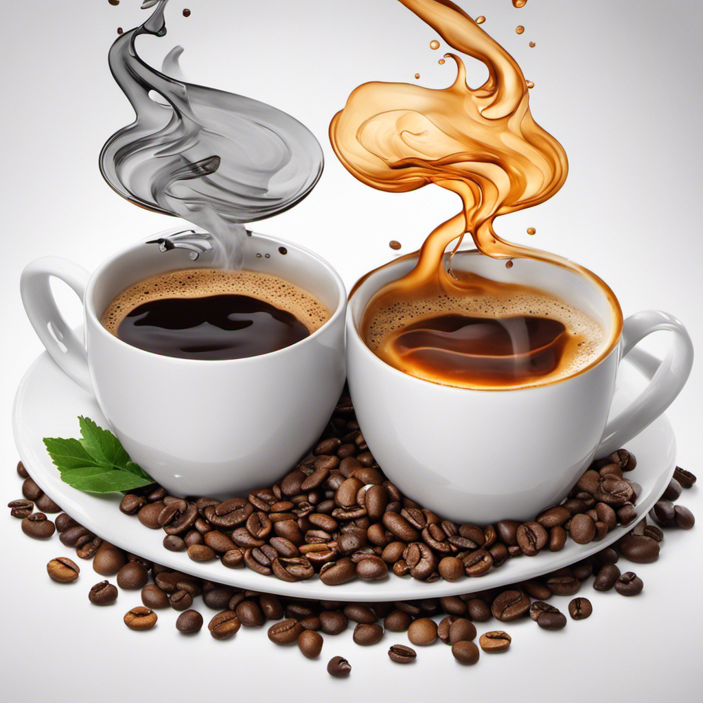 An image showcasing two cups of steaming coffee side by side – one filled with rich, aromatic traditional coffee, and the other brimming with mushroom coffee