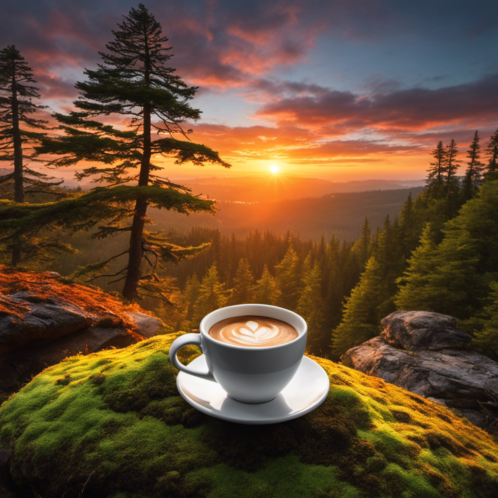 An image showcasing a vibrant sunrise over a serene forest landscape, with a cup of Ryze Mushroom Coffee placed on a moss-covered rock, exuding energy and focus