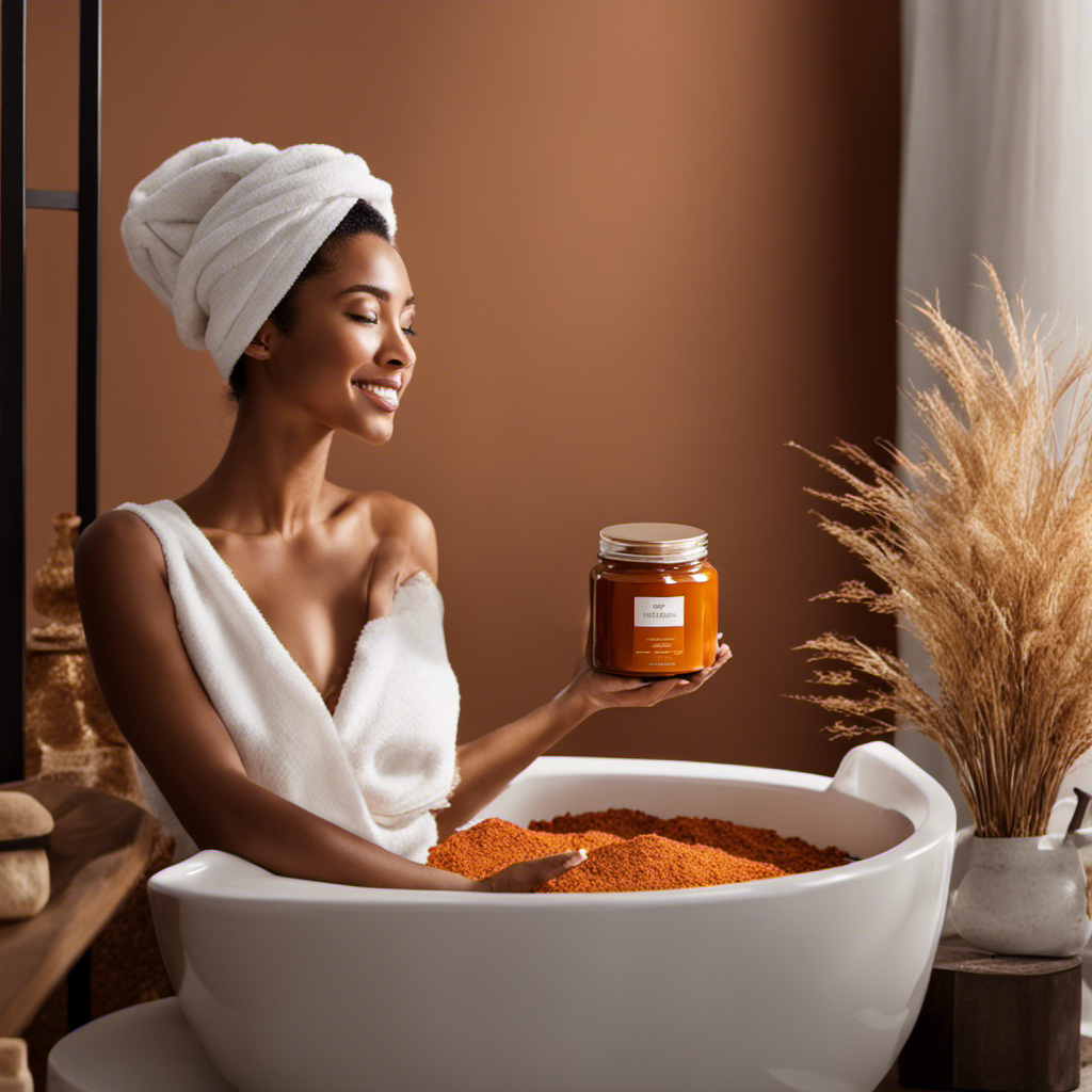 An image showcasing a serene bathroom scene with a woman enjoying a relaxing Rooibos tea-infused face mask