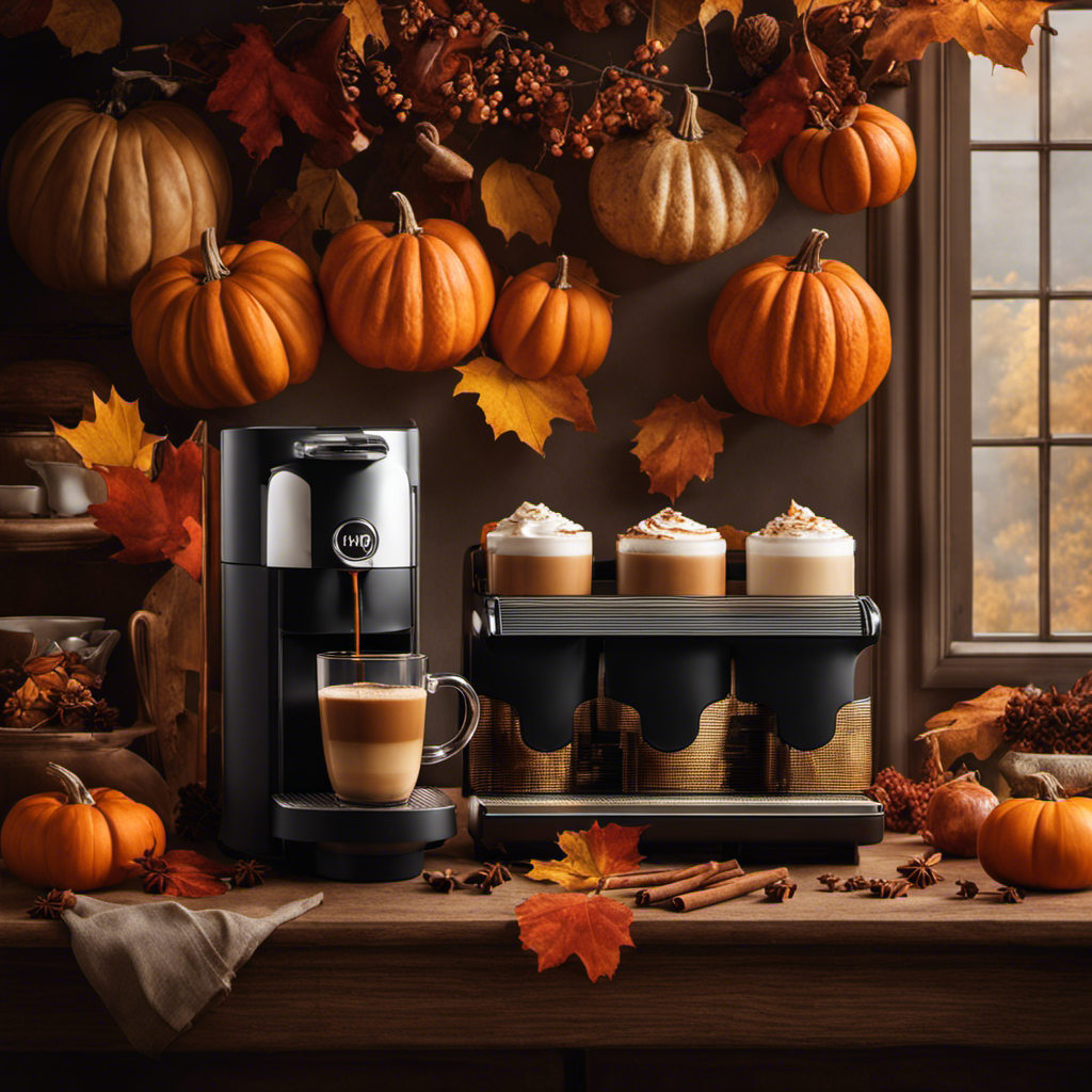 the essence of autumn with a captivating image of a cozy kitchen counter adorned with a sleek Nespresso machine, a steaming cup of homemade pumpkin spice latte, freshly grated nutmeg, cinnamon sticks, and a dollop of whipped cream